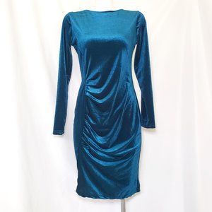 NWT Retro Ruched Velvet Teal Mini Cocktail Formal Dress - Elegant Sheath